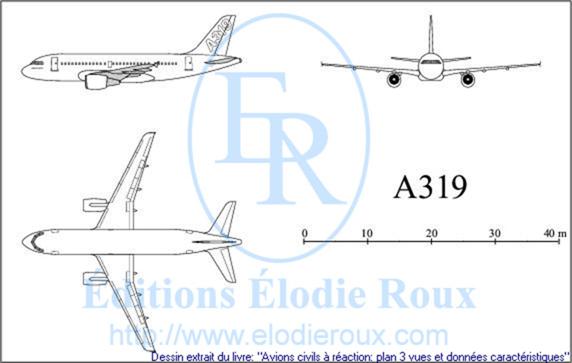 Copyright: Elodie Roux/A319 3-view drawing/plan 3 vues
