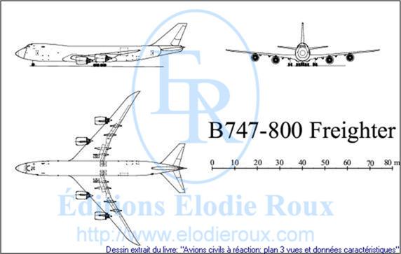 Copyright: Elodie Roux/B747-800Freighter 3-view drawing/plan 3 vues
